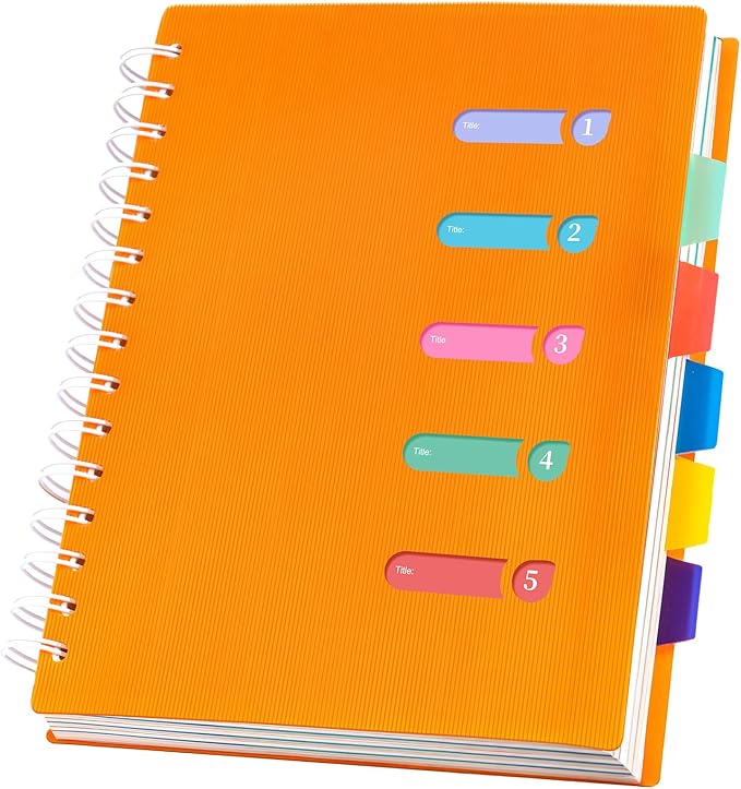 Yoment 5 Subject Notebook College Ruled Spiral Notebook 5x7 with Removable Dividers 270 Pages Notebooks for Work Multi Subject Notebook with 5 Tabs Organizer Notebook for Note Taking School, A5 Orange