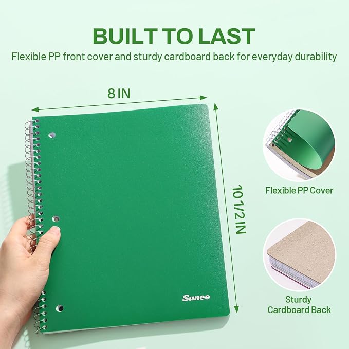 SUNEE Spiral Notebook, 1-Subject, Graph Ruled Paper, 8" x 10-1/2", 100 Sheets per Notebook, 3-Hole Punched Paper, Water Resistant Cover, Spiral Grid Notebooks for Work, Home, School, Dark Green