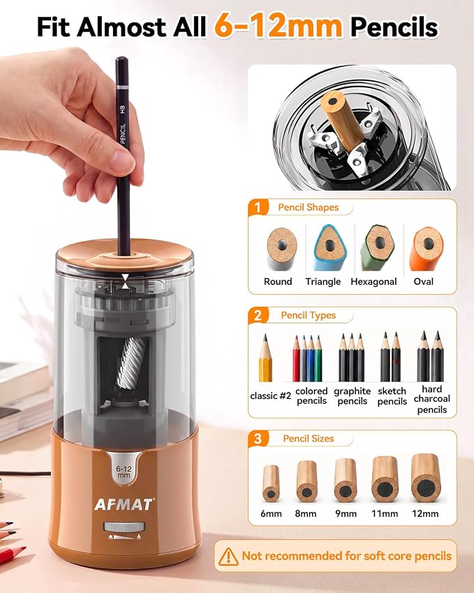 AFMAT Electric Pencil Sharpener, Plug-in Pencil Sharpener for 6-12mm Pencil