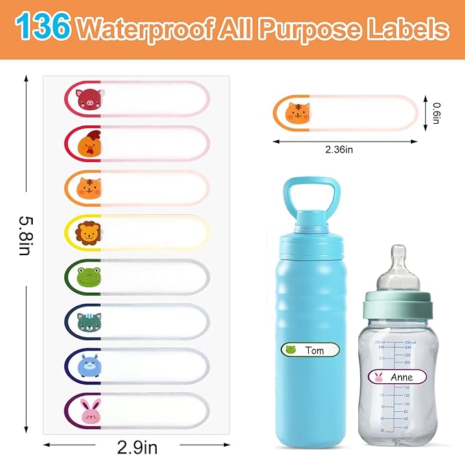 Name Label Stickers for Kids Toddlers School Stuff Supplies & Daycare Baby Bottles, Waterproof and Washable Back to School Name Labels - Easy Peel and Stick,Pack of 136.