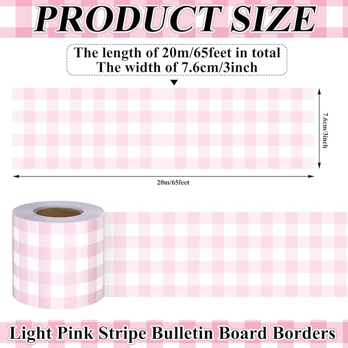 65.6 Ft Pink Gingham Bulletin Board Border Die Cut Straight Border Trim Plaid Checkered Classrooms Decor for Whiteboard Wall Desk Window Door Locker Office School Party