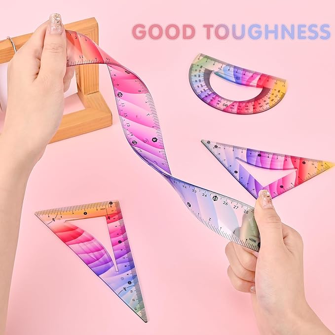 4 Pcs Flexible Rulers Set, Colorful Geometry Kit, Plastic Bendable Shatterproof Soft Rulers, Clear Ruler 30 cm/ 12 Inch, Triangle Rulers and Protractor for Back to School Supplies (12 Inch)