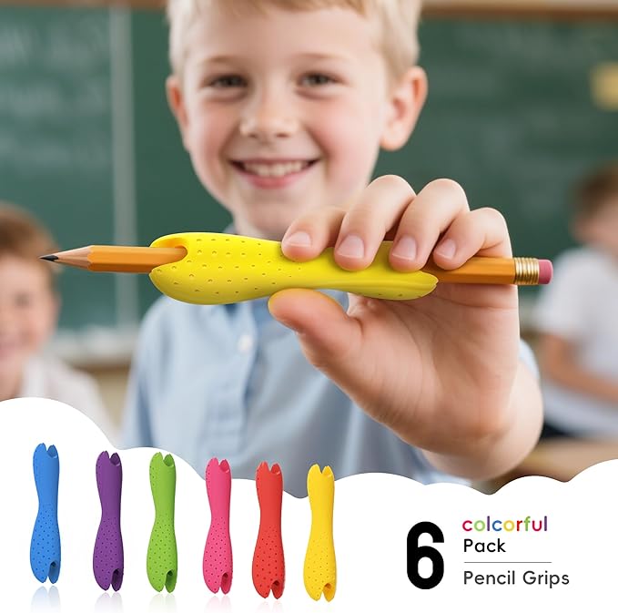 6-Pack Medium Pencil Grips for Kids,Teens,Adults,Comfortable Silicone Holders for Writing &Drawing,Anti-Slip Texture,Dual-Head Design for Left/Right-Handed Use,Improves Grip Control (Assorted Colors)