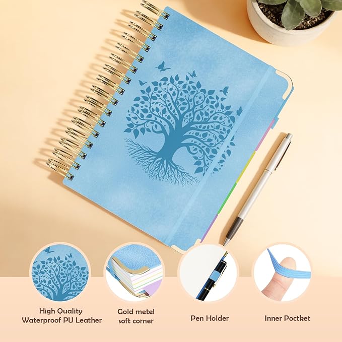 QIYVLOS Hardcover Spiral Notebook, B5 Journal with Removable Dividers Tabs, 5 Subject Notebook College Ruled, 320 Pages 8"x10" Leather Notebooks for Work School Study, Lined Journal for Women, Blue