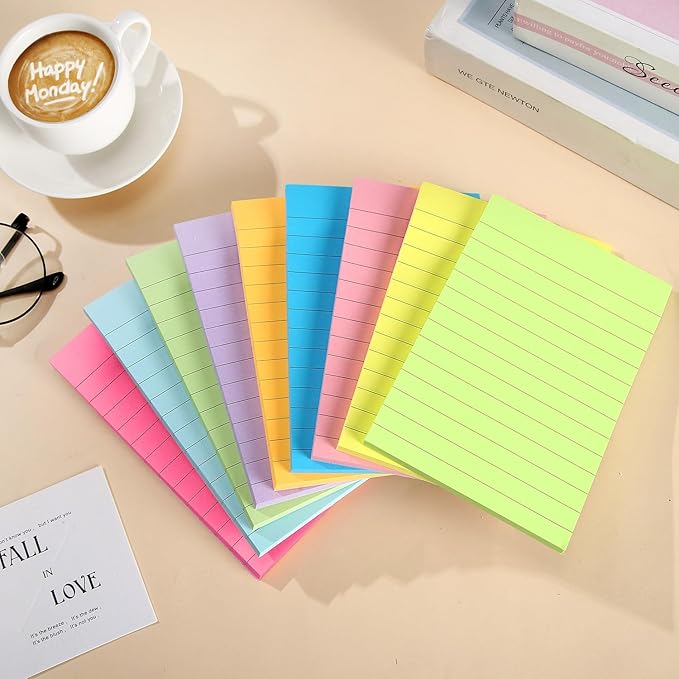 9 Pack Lined Sticky Notes 4x6 in Bright Colors Self-Stick Note Pads with Lines, 9 Colors Bulk Sticky Memo Pad for School, Office, Meeting