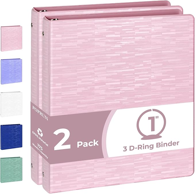 POPRUN 3 Ring Binder 1 Inch, PVC-Free, Holds 175 Sheets of 8.5 x 11 Paper, Extra Durable Organizer with 2 Pockets for School & Office, Heavy-Duty, 2 Pack, Pink