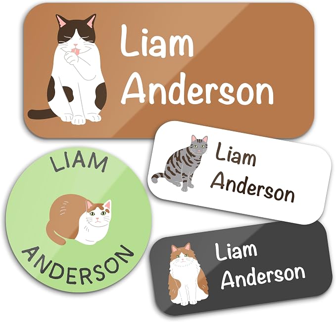 Personalized Waterproof Name Labels for Kids | Optional Packs 50, 150, 230 Labels | Custom Name Stickers for Kids' Clothing Tag, Water Bottle, Lunch Box, Customize Kid Name Label for Daycare Cats