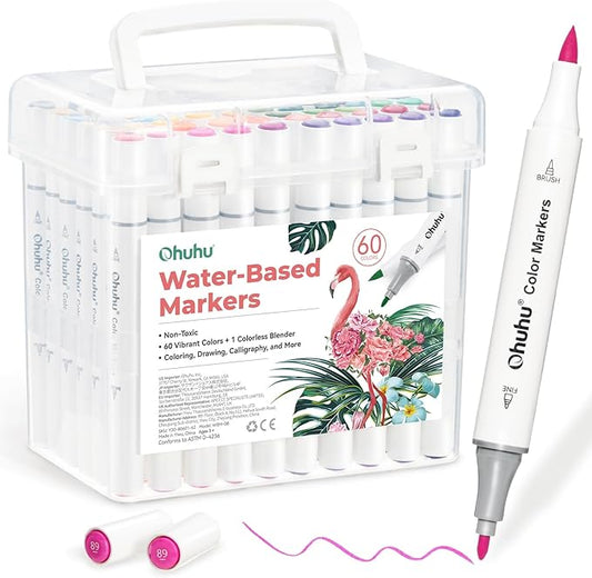 Ohuhu Markers for Adult Coloring Books No Bleeding 60 Colors Water-based Dual Tips Coloring Markers for Kids Adults Beginners Drawing Pens for Journaling Lettering (Brush & Fine)