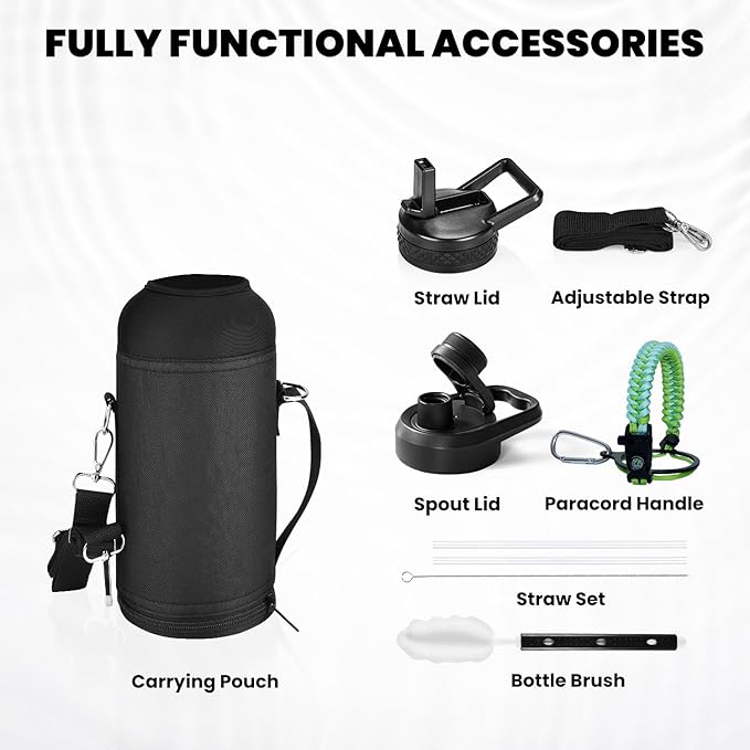 RAYMYLO Insulated Water Bottle 32 oz, Triple Wall Vacuum Stainless Steel (Cold for 24Hrs, Hot for 12Hrs), Leak Proof & Non-BPA, Modern Water Flask Jug with Paracord Handle & Straw Spout Lids
