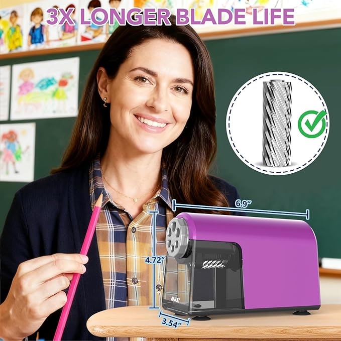 AFMAT Electric Pencil Sharpener for Classroom, 6 Holes, Cordless & Rechargeable, Fast Sharpen, Auto Stop, 10K+ Uses, Heavy Duty Pencil Sharpener for 6-11mm No.2/Large/Colored Pencils PSD2(Purple)