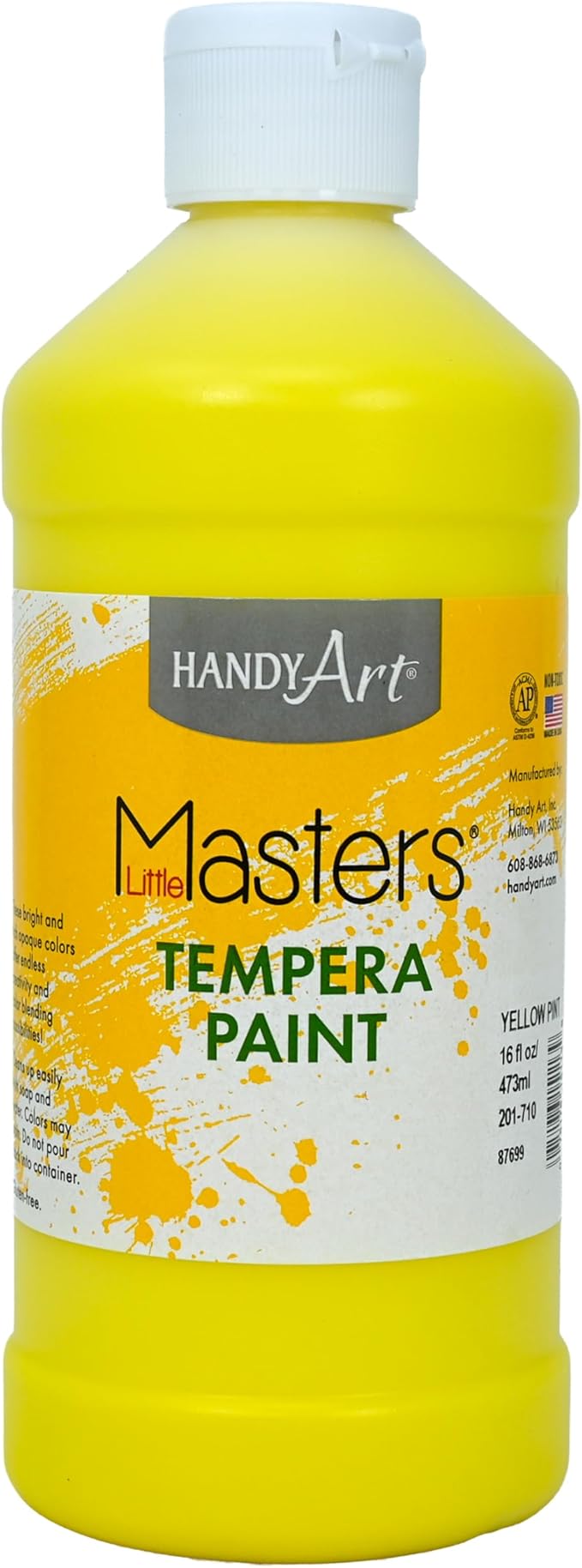 Handy Art Little Masters Tempera Paint, Yellow, 16 oz Bottle, Bright & Mixable, High Opacity, Washable Colors for Classroom, Students, Kids, Young Artists, Safe & Non-Toxic, Made in USA