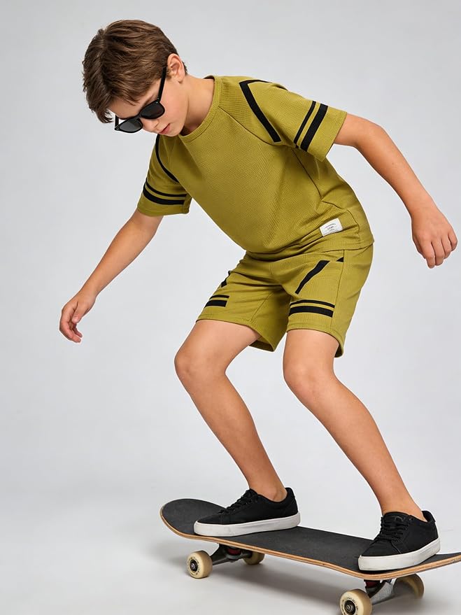 Cakaner Tween Boys Clothes Summer Simple Print T-Shirt And Shorts Set 2 Pieces Teen Trendy Outfits Size 7-14 Year