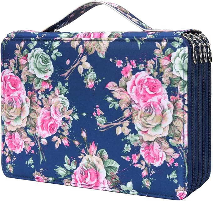 Vomgomfom 200 Slots Pencil Bag, 4-Layer Zipper Portable Art Supply Organizer, PU Leather Large Capacity Colored Pencil Case with Handle for 200 Watercolor Pens, Gel Pens (Blue Rose)