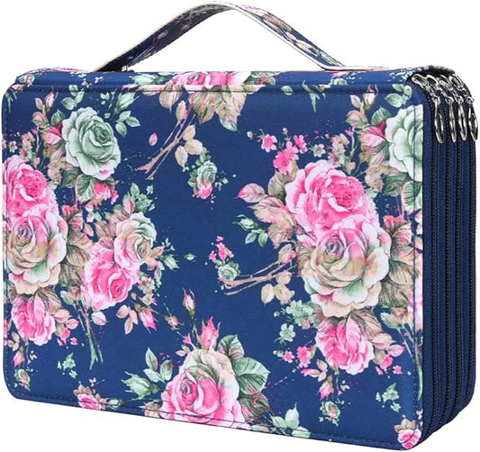 Vomgomfom 200 Slots Pencil Bag, 4-Layer Zipper Portable Art Supply Organizer, PU Leather Large Capacity Colored Pencil Case with Handle for 200 Watercolor Pens, Gel Pens (Blue Rose)