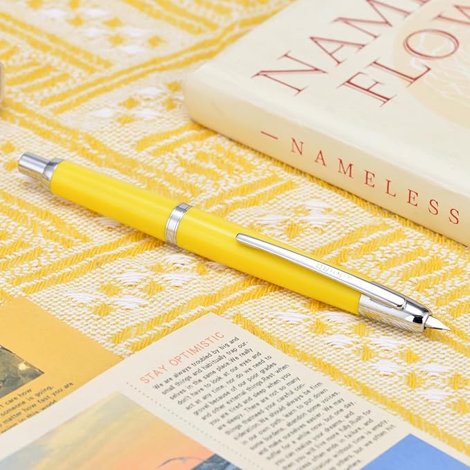 Jinhao 20 Press Fountain Pen, Lemon Yellow Retractable Extra Fine Nib with Ink Converter Set (Silver Clip)