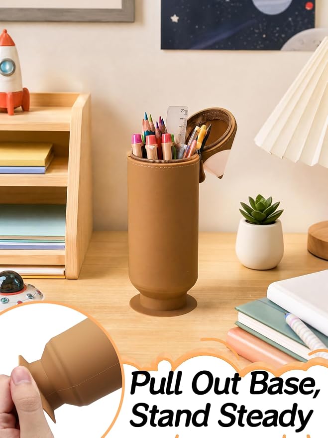 PAMASE Standing 2-in-1 Pencil Case & Pen Holder for Girls Boys, Brown | Cute Soft Silicone Pencil Pouch Bag, with Zipper and Pull-Out Base, for Kids School Supplies