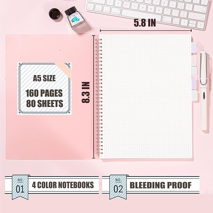 OWSC 4 Pack Graph Notebook, 5.9 x 8.3 Inches Spiral Notebooks for Work, School and Journal with 110 GSM Graph Paper, Small Notebook with 80 Sheets/160 Pages, Hardcover Grid Paper Notebook