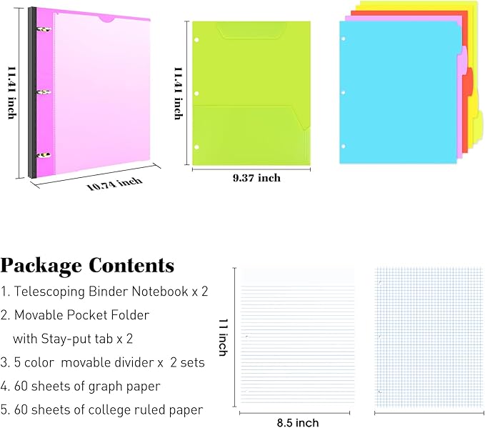 INFUN All-in-one Telescoping Binder Notebook- 2PCS, Refillable 3 Ring Notebook Binder with 1 Plastic Movable Pocket Folder,5 Plastic Subject dividers and Graph Paper and College Ruled Paper- Pink