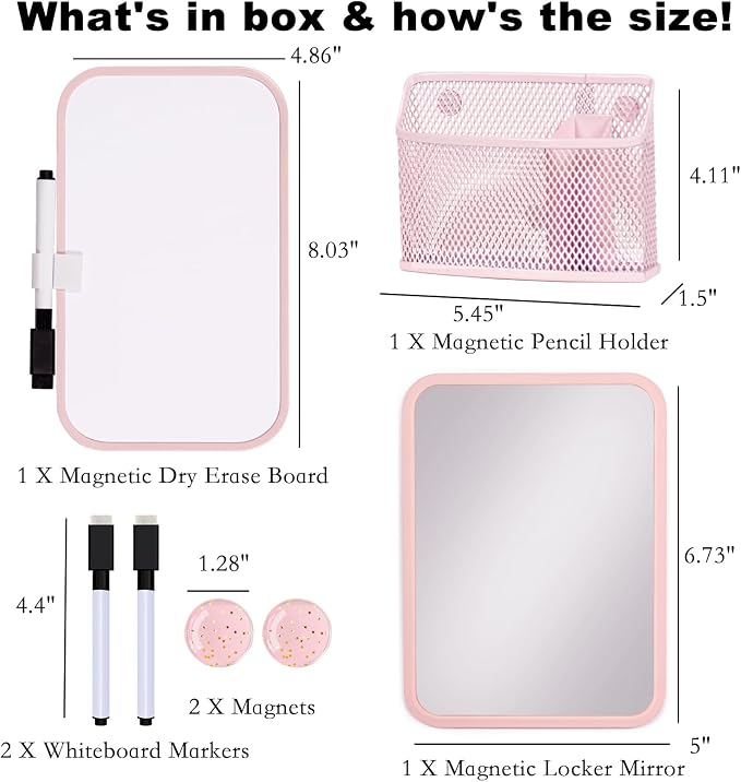 Svartur Magnetic Locker Accessories for Girls with Magnetic whiteboard, Locker Mirror and Magnetic Pen Holder, Pink Locker Decoration for School Locker, Back to School Essentials