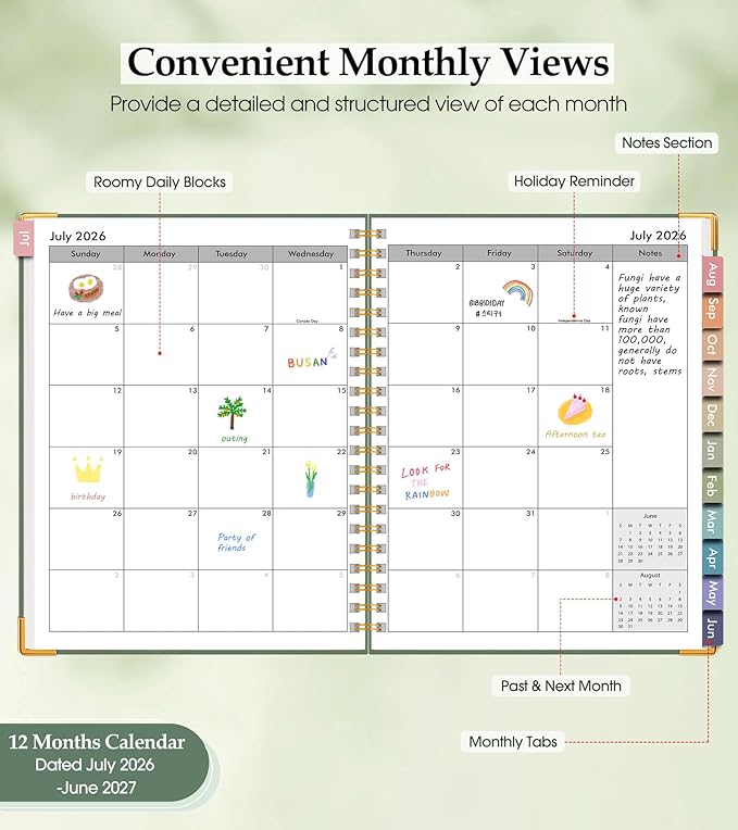 Academic Planner 2026-2027, Hardcover Leather Weekly and Monthly Calendar Planner from July 2026 - June 2027, A5 6.1" x 8.2" Daily Agenda with Tabs, College School Organizer for Student Teacher, Green