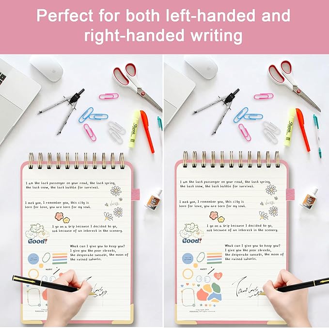 A5 Top Spiral Notebook, Large Leather Hardcover Top Bound Steno Pads, 240 Pages 100 gsm Thick Lined Paper Left Handed Notebook Journal for Work, School, Meeting Writing - Pink, 5.9" x 8.5"