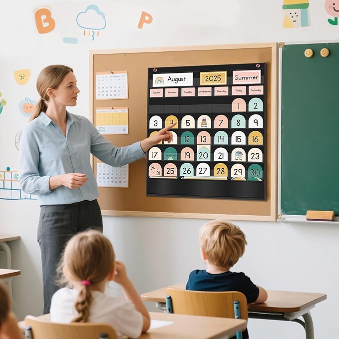 Rainbow Classroom Calendar Pocket Chart with 90 Cards, Monthly Calendar and Weather Pocket Chart for Easy Learning, Calendar Pocket Chart for Classroom, Preschool and Home, 23.5" x 20"