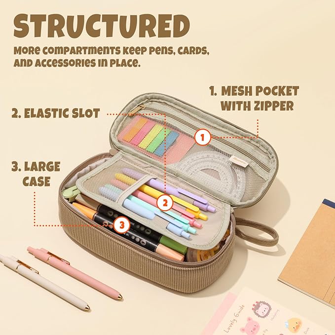 SUNEE Cute Pencil Case, Large Capacity Pencil Pouch, Soft Corduroy Pencil Bag, Big Storage Pen Organizer for Stationery, Aesthetic Zipper Pencil Box, Back to School Supplies for Teen Girls Boys, Khaki