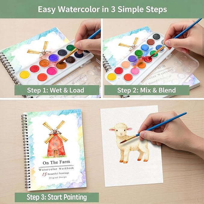 Watercolor Workbooks Coloring Book, Beginner Friendly Painting Kit, Detailed Steps, Creative Exploration Watercolor Book with Paint Set for Adults Teens (Farm, With paint)