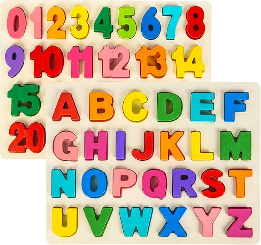 Attmu Wooden Puzzles for Toddlers, 2 Pcs Alphabet Puzzle ABC Shape Number Puzzle, Learning Toys for Kids, Preschool Educational Activities Toddler Gift Toys for Girls Boys Christmas Valentines Easter