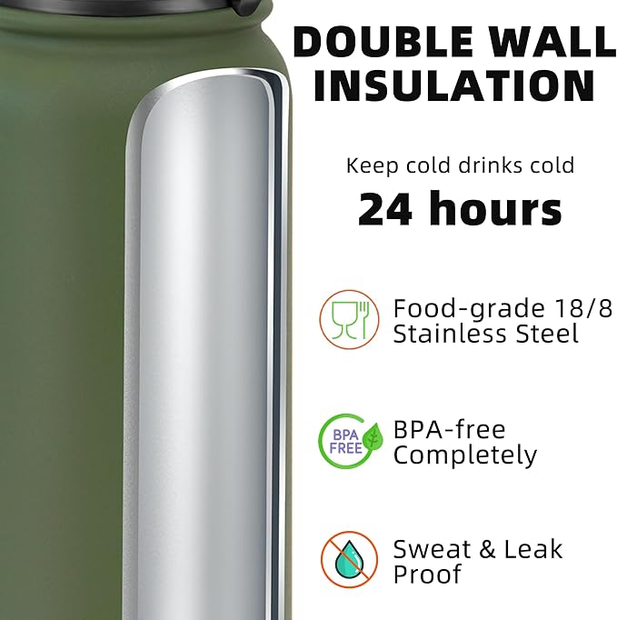 Fanhaw 24 oz Insulated Stainless Steel Water Bottle with Anti-Dust Chug Lid, Leakproof Vacuum Metal Everyday Use Bottle for Kids, Teens & Adults, Back to School Essentials (Olive Green)