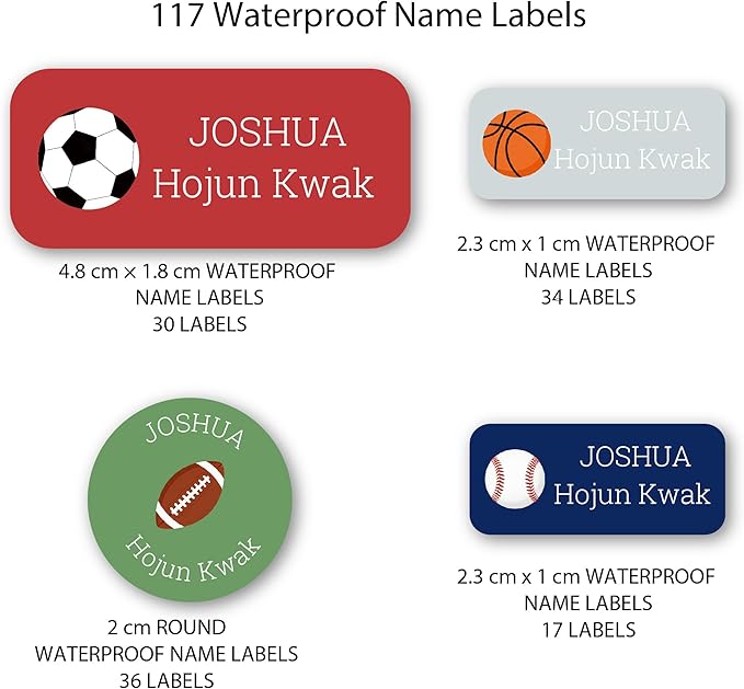 Personalized Kids Name Labels – Waterproof Custom Stickers for Daycare & School, 117 Pack, Dishwasher & Laundry Safe (Ball)