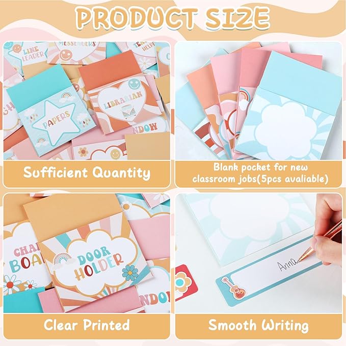 ZOiiWA 81pcs Groovy Class Jobs Bulletin Board Hippie Themed Classroom Jobs Pocket Chart Set Teacher's Helper Chalkboard Decor Classroom Bulletin Board Set Wall Decoration for Back to School Supplies