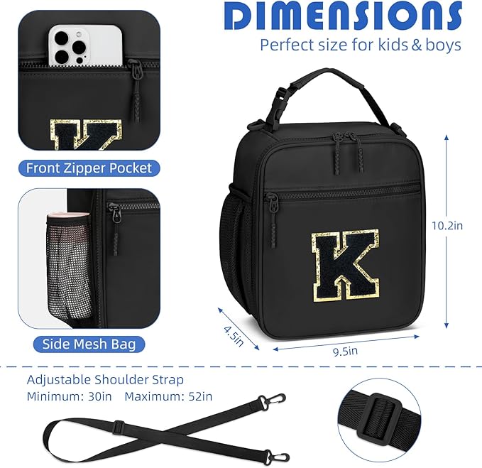 Initial Insulated Lunch Bag for Boys Kids, Back to School Gift, Reusable Leak-proof Lunch Box with Adjustable Strap for School Daycare Travel Picnic（Black，K）