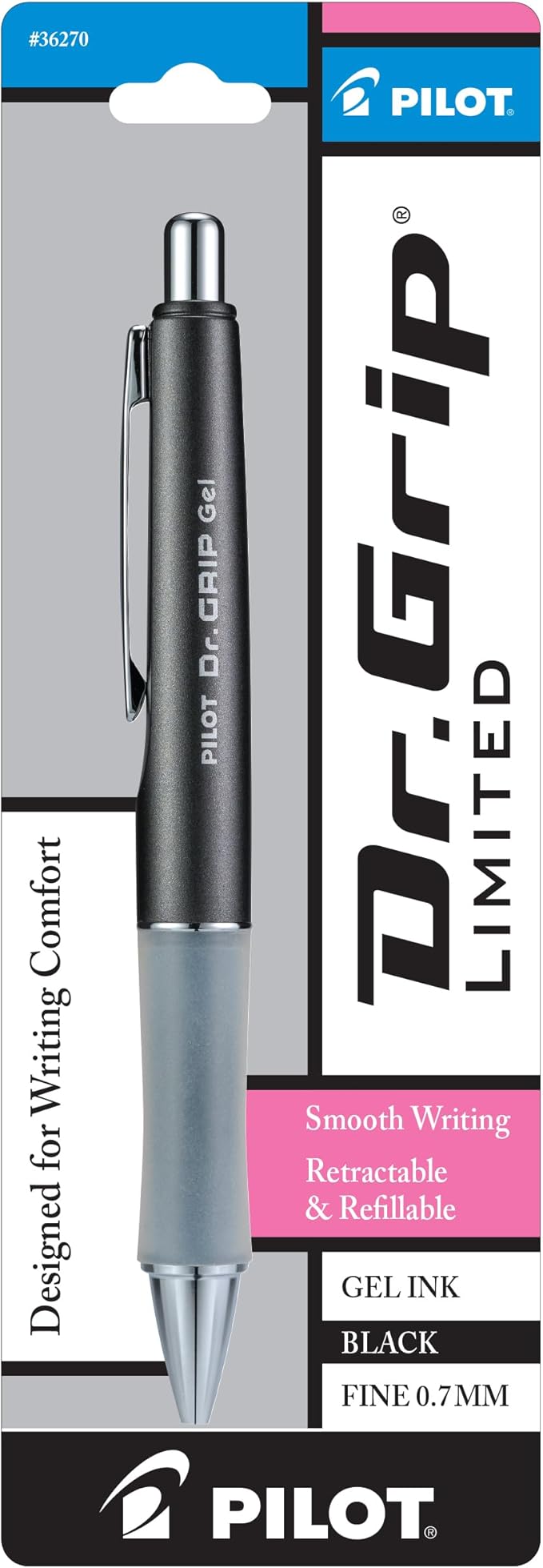 PILOT Dr. Grip Limited Refillable & Retractable Gel Pen, Fine Point, Black, Single Pen - Ideal for School, Journaling & Office Writing