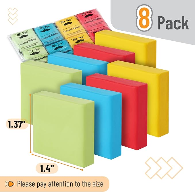 Mr. Pen- Kneaded Erasers, 1.4"x1.37", 8 Pack, Colorful, Soft Moldable Art Erasers for Charcoal, Graphite & Pastel Drawing, Precision Highlighting, Smudge Control, Easy Shaping for Artists & Students