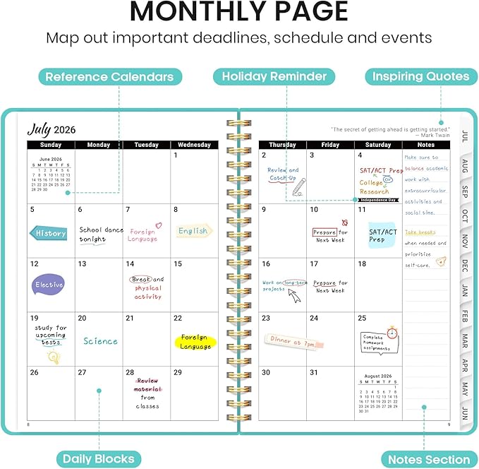 Planner 2026-2027 for Women & Men, Set of 3, Academic Monthly and Weekly Calendar Planner, Jul 2026 - Jun 2027, A5 (6.3" x 8.5"), Teacher Student Planning Book with Tabs, Ideal for Office School Supplies - 3 Aquamarine