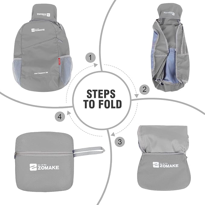ZOMAKE Lightweight Packable Backpack 20L, Foldable Small Daypack for Hiking | Water Resistant Backpacks Day Bag for Travel Outdoor Camping Sport, Everyday Carry, Multi Compartment Storage(Silver Grey)