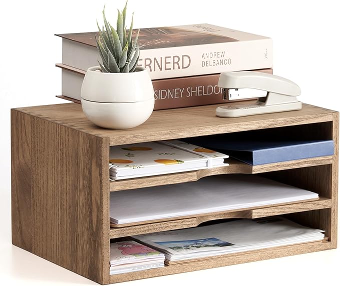 KIRIGEN Wooden Desktop Organizer, 3 Tier Solid Wood Letter Tray and Paper File Sorter for Desk, Freestanding Office Document Holder for Mail, Magazines, Folders, 13.78 x 9.45 x 7.08 in Brown 3KWJG-DBR