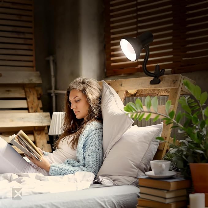 Xtricity LED Clip on Desk Lamp with 360° Flexible Gooseneck, Reading Light for Bed Headboard– A19 Bulb Included, 120V, On/Off Switch, 10.25” Height Table Lamp with White Finish