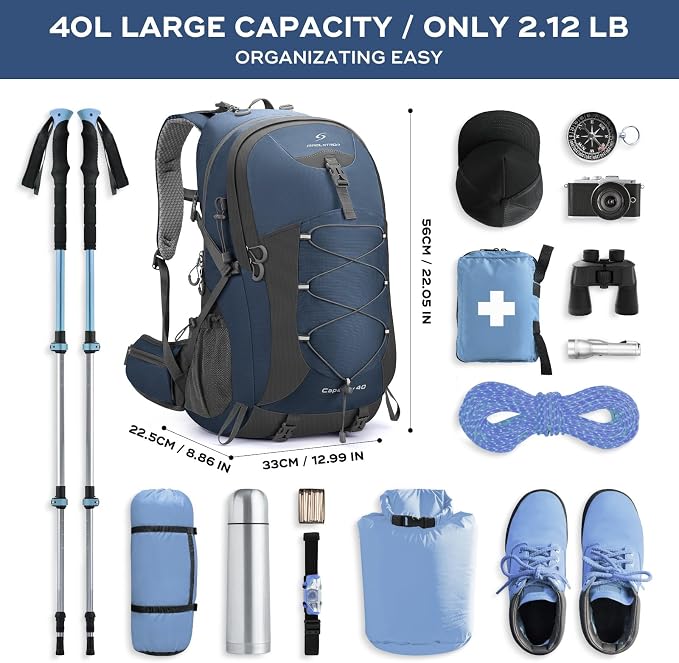 Maelstrom 40L Hiking Backpack, Lightweight Camping Daypack with Rain Cover | Water-Resistant Rip-Stop Nylon, Wet/Dry Separation, Multi-Pockets, Survival Whistle. Ideal For Men, Women, Travel, Trekking