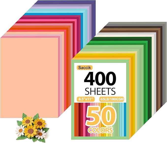 400-Sheets Colored Cardstock for Crafts: 50 Assorted Colors, 8.5" x 11", 65lb/180gsm, Colored Paper for Kids School Supplies, DIY Crafts, Card Making, for cri·cut Cutting