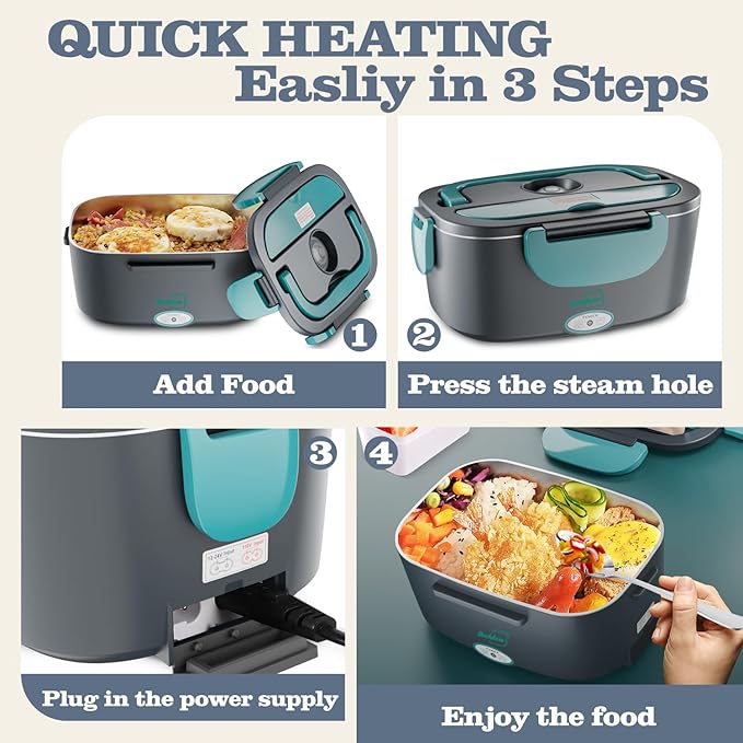 Buddew Electric Heated Lunch Box, 80W Fast Heating, 1.5L Food-Grade 304 Stainless Steel, 12V/24V/110V Portable Food Warmer for Car Truck Office Adults, Lonchera Electrica Portatil (Blue)