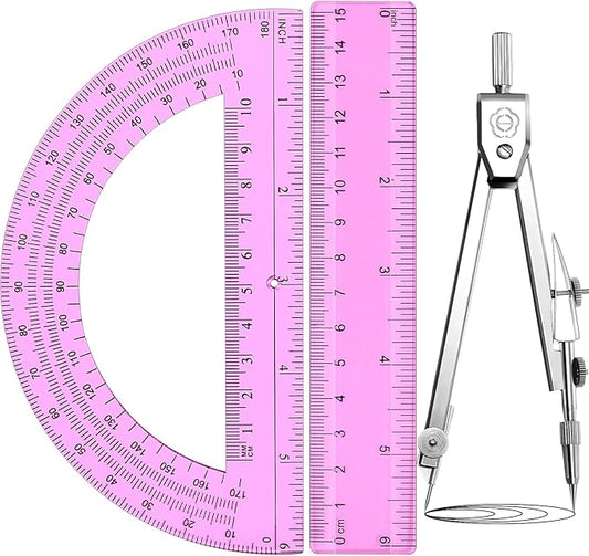 Zonon 3 Pcs Plastic Ruler 6 Inch Protractor Drawing Compass Set, Student Geometry Math Transparent Measuring Tools for Home School Classroom Office Supplies(6 Inch,Pink)