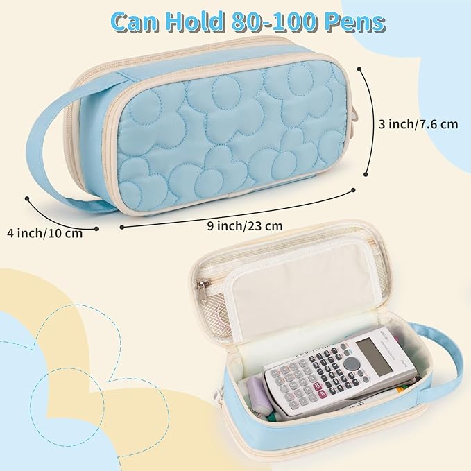 Pencil Case For Girls,Flower Quilted Large Capacity Pencil Pouch With 2 Compartment, Zipper Pencil Bag With Handle, Women Soft Pencil Box For Middle School Office College