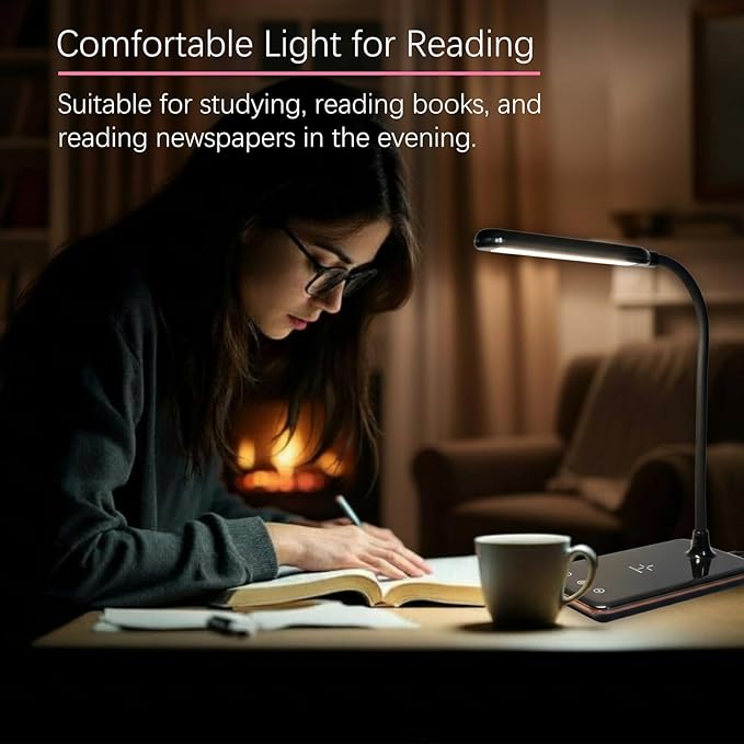 LED Desk Lamp with 10W Fast Wireless Charger, Touch Stepless Dimming Eye-Care Study Light with 3 Color Modes & Flexible Neck, Reading Lamp for Students, Bedroom & Home Office