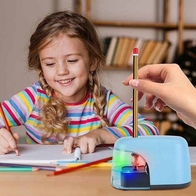 Battery-Operated Electric Pencil Sharpener with LED Light – Compact & Portable Pencil Sharpener for Home, School, or Office Use (Blue)