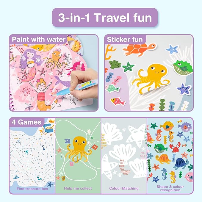 Avenir Reusable Water Coloring Book for Toddlers 3-5 – Mess-Free Paint-with-Water Travel Toy Airplane Activities Road Trip Quiet Book, Water-Reveal Activity Pad, 3-in-1 Creative Set