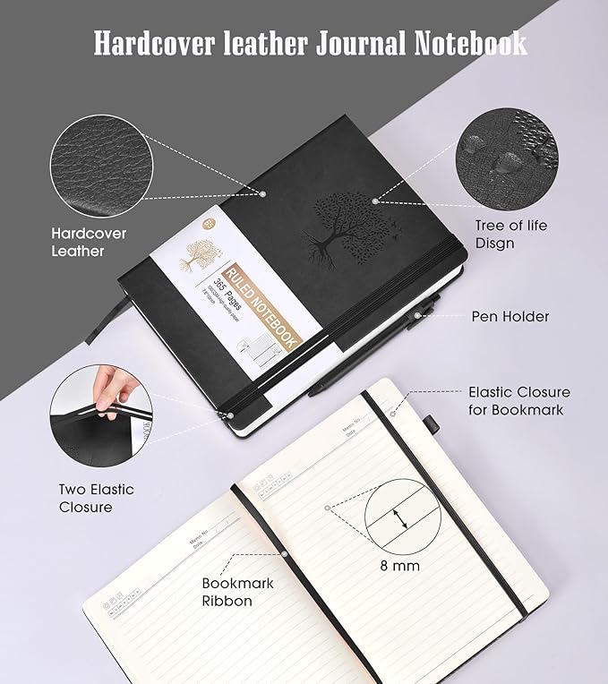 Lined Journal Notebook, 365 Pages B5 Large Journals for Writing Ruled Notebook, Hardcover Leather Journal for Women Men, Daily Notebook for Work, Note Taking, 100Gsm Thick Paper ( 7.6'' X 10'' Black)