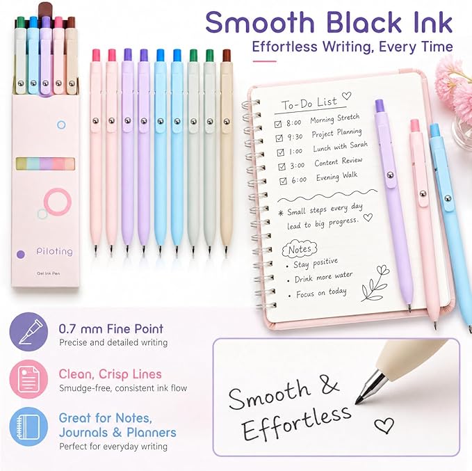 Gel Pens School Office Supplies - 10 Pcs 0.5mm Cute Black Ink Ballpoint, Macaron Colored Fine Point Pen, Desk Accessories for Women College Teacher, Pastel Smooth Writing Pen for Journaling Gifts