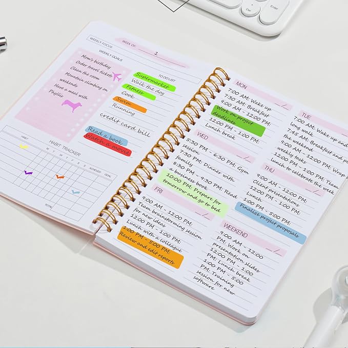 Undated Weekly Planner, A5 Personal Goals Journal Non Dated Weekly Planner to Do List Notebook with Goal Habit Tracker Organizer, Cute Undated Week Planners with Spiral Binding for Kids School Work